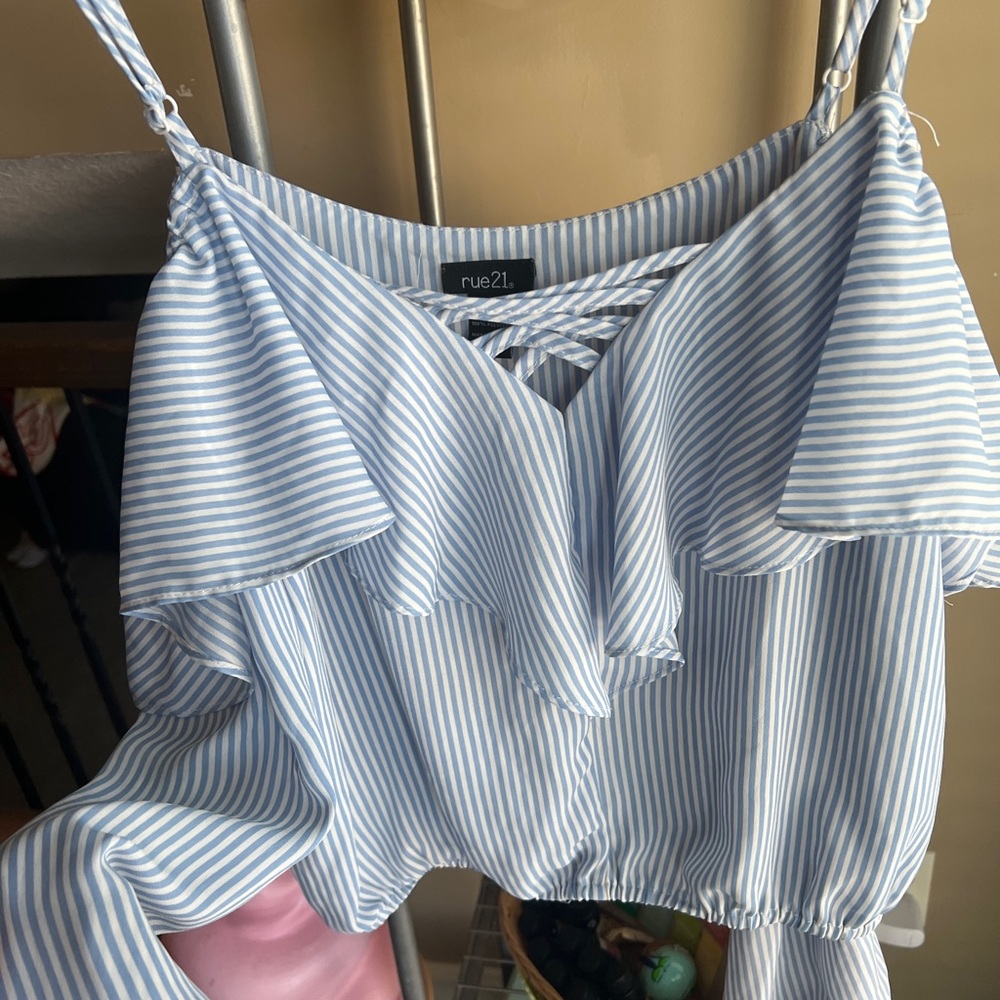 Polyester Long sleeve mid striped shirt with decorative ruffle